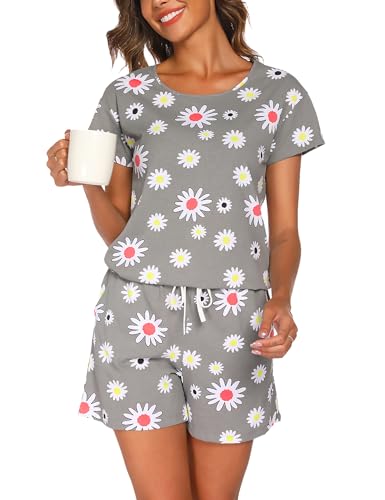 ENJOYNIGHT Schlafanzug Damen Kurz Pyjama Set Baumwolle Kurzarm Top und Kurze Hose Zweiteiliger Nachtwäsche Sommer Hausanzug Loungewear (Medium,Graue Blume) von ENJOYNIGHT