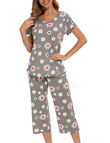 ENJOYNIGHT Schlafanzug Damen Kurz Pyjama Set Kurzarm Top und 3/4 Lange Hose Nachtwäsche (Medium,Blume) von ENJOYNIGHT