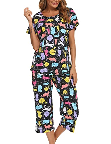 ENJOYNIGHT Schlafanzug Damen Kurz Pyjama Set Kurzarm Top und 3/4 Lange Hose Nachtwäsche (Medium,Farben Kat) von ENJOYNIGHT