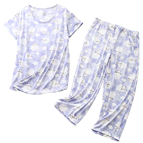 ENJOYNIGHT Schlafanzug Damen Kurz Pyjama Set Kurzarm Top und 3/4 Lange Hose Nachtwäsche (X-Large,Lila Wolke) von ENJOYNIGHT