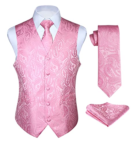 Enlision Anzugweste rosa Herren Hochzeit Paisley Westen & Krawatte Einstecktuch Party Floral Jacquard Anzug Weste Set L von Enlision