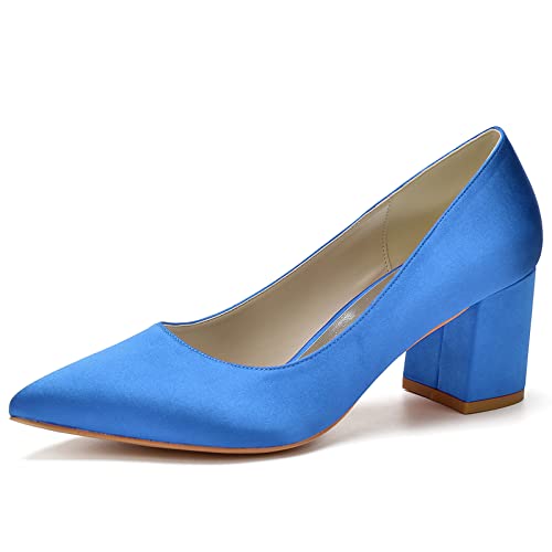 Blockabsatz Pumps Für Damen Elegant High Heels Absatzschuhe Mit Dicker Absatz Spitze Zehen Slip-On Hochzeit Abend Pumps,Blau,38 EU von ENWIND