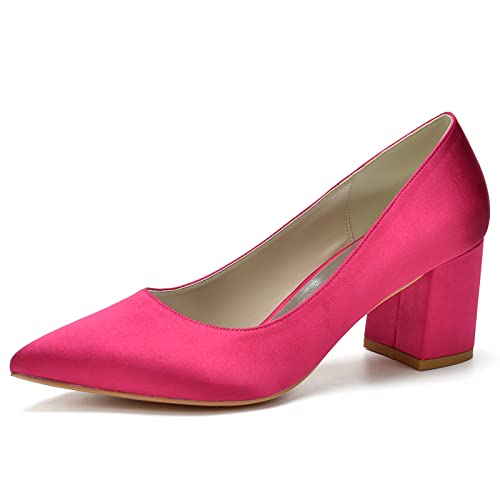 Blockabsatz Pumps Für Damen Elegant High Heels Absatzschuhe Mit Dicker Absatz Spitze Zehen Slip-On Hochzeit Abend Pumps,Fuchsia,37 EU von ENWIND