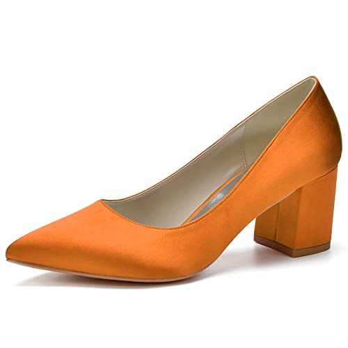 Blockabsatz Pumps Für Damen Elegant High Heels Absatzschuhe Mit Dicker Absatz Spitze Zehen Slip-On Hochzeit Abend Pumps,Orange,36 EU von ENWIND