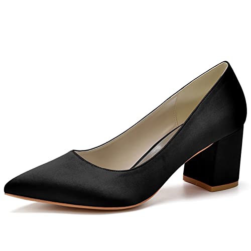 Blockabsatz Pumps Für Damen Elegant High Heels Absatzschuhe Mit Dicker Absatz Spitze Zehen Slip-On Hochzeit Abend Pumps,Schwarz,43 EU von ENWIND