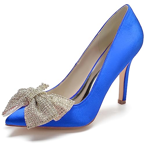 Damen Bogen Pumps spitzer Zehenpartie Elegante High Heels für Hochzeit Party Satin Stöckelabsatz Slip On Brautschuhe,Blau,41 EU von ENWIND