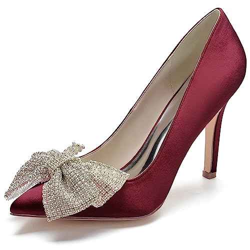 Damen Bogen Pumps spitzer Zehenpartie Elegante High Heels für Hochzeit Party Satin Stöckelabsatz Slip On Brautschuhe,Burgundy,42 EU von ENWIND