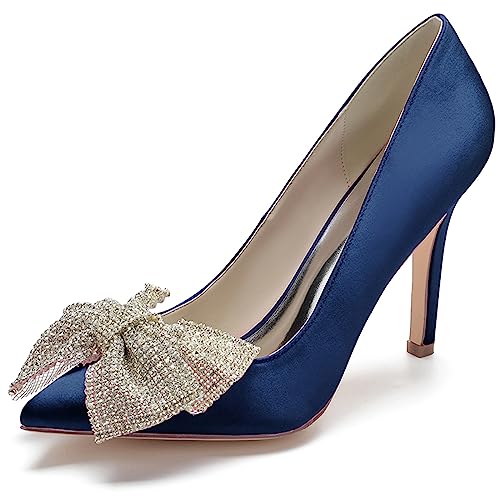 Damen Bogen Pumps spitzer Zehenpartie Elegante High Heels für Hochzeit Party Satin Stöckelabsatz Slip On Brautschuhe,Dark Blue,42 EU von ENWIND