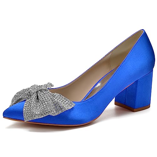 Damen Geschlossene Zehe Niedrige Blockabsätz Pumps Bogen Braut Kleid Hochzeitsschuhe,Blau,38 EU von ENWIND