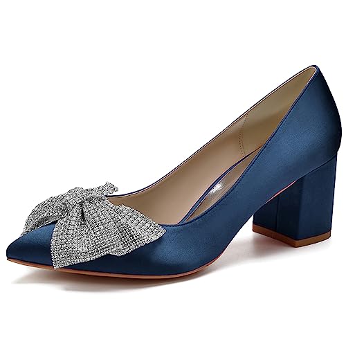 Damen Geschlossene Zehe Niedrige Blockabsätz Pumps Bogen Braut Kleid Hochzeitsschuhe,Dark Blue,37 EU von ENWIND