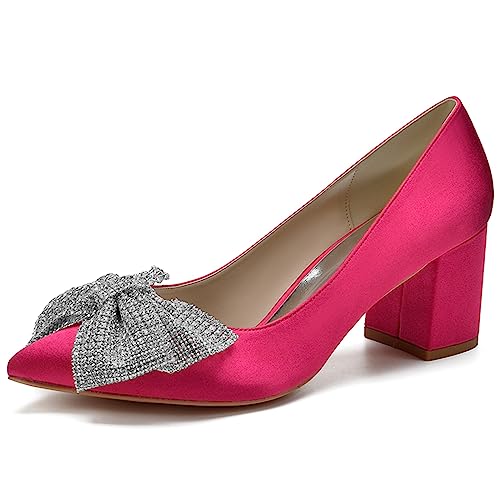 Damen Geschlossene Zehe Niedrige Blockabsätz Pumps Bogen Braut Kleid Hochzeitsschuhe,Fuchsia,36 EU von ENWIND