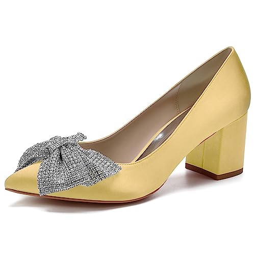 Damen Geschlossene Zehe Niedrige Blockabsätz Pumps Bogen Braut Kleid Hochzeitsschuhe,Gold,39 EU von ENWIND