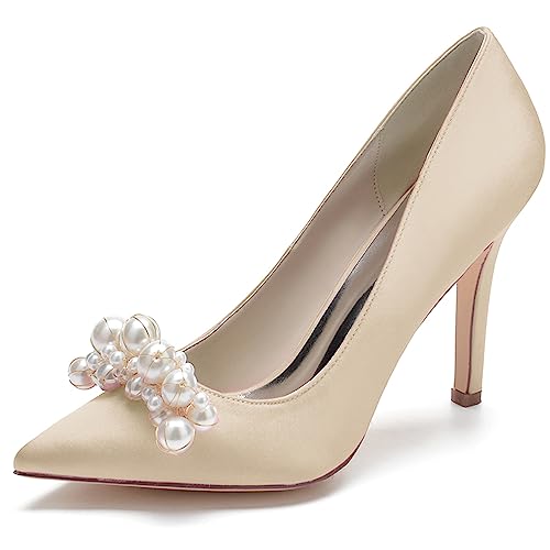 Damen High Heel Pumps Spitze Geschlossene Zehen Weiß Perlen Stöckelabsatzen Braut Hochzeit Party Schuhe,Champagne,38 EU von ENWIND