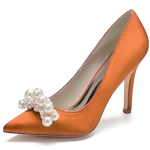 Damen High Heel Pumps Spitze Geschlossene Zehen Weiß Perlen Stöckelabsatzen Braut Hochzeit Party Schuhe,Orange,35 EU von ENWIND