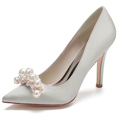 Damen High Heel Pumps Spitze Geschlossene Zehen Weiß Perlen Stöckelabsatzen Braut Hochzeit Party Schuhe,Silber,43 EU von ENWIND