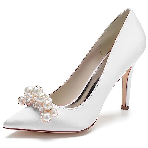 Damen High Heel Pumps Spitze Geschlossene Zehen Weiß Perlen Stöckelabsatzen Braut Hochzeit Party Schuhe,Weiß,41 EU von ENWIND