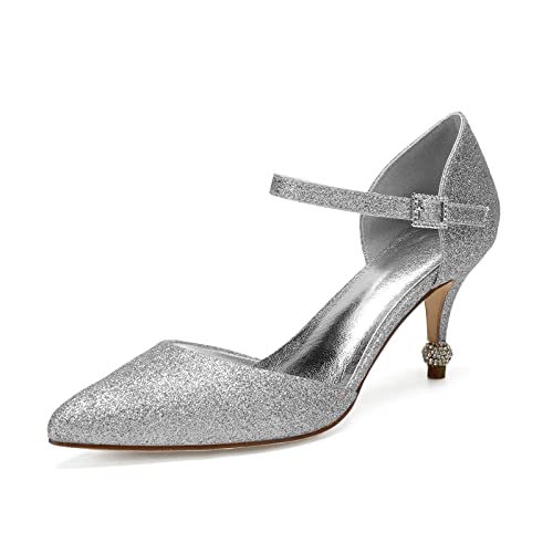 Damen High Heels mit Kätzchen Absatz Glitzer Riemchenpumps Elegant Braut Geschlossene Zehen Hochzeitsschuhe,Silber,41 EU von ENWIND