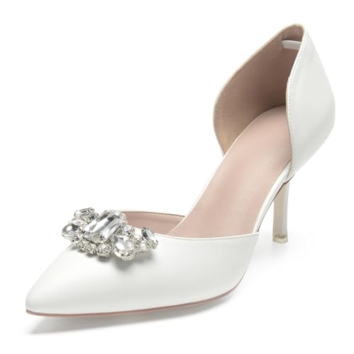 Damen Pumps Mit Spitzer Zehen Und Strass, Elegante Kätzchen Absatz Abendschuhe Für Hochzeit Und Party,Elfenbein,41 EU von ENWIND