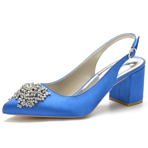 ENWIND Damen Low Heel Anzugschuhe Chunky Slingback mit Strasssteinen Sexy Spitze Anzugschuhe,Blau,35 EU von ENWIND