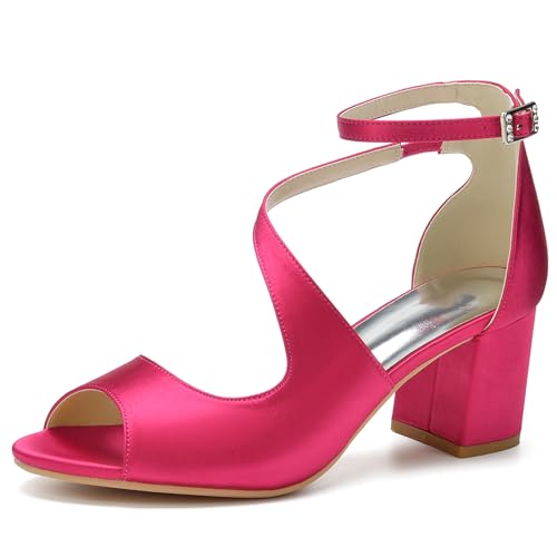 ENWIND Damen Niedrigem Blockabsatz Braut Sandalen mit Knöchelriemen Elegant Offen Zehen Sommerschuhe High Heels für Party Prom Hochzeit,Fuchsia,37 EU von ENWIND