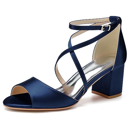 ENWIND Damen Open Toe Chunky Heeled Sandalen Kreuz Knöchelriemen Mid Block Heel Brautkleid Pumps Schuhe Für Büro Prom Hochzeit Party,Dark blue,42 EU von ENWIND