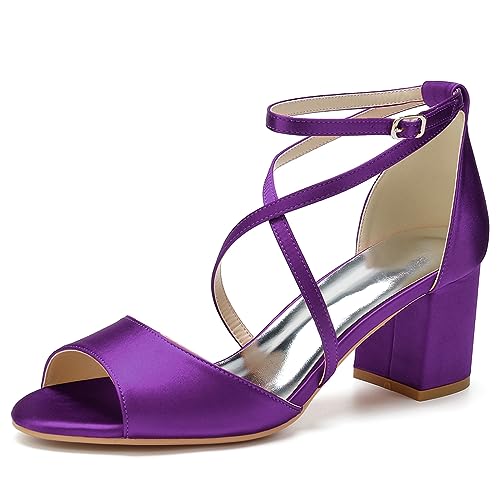 ENWIND Damen Open Toe Chunky Heeled Sandalen Kreuz Knöchelriemen Mid Block Heel Brautkleid Pumps Schuhe Für Büro Prom Hochzeit Party,Dark purple,39 EU von ENWIND