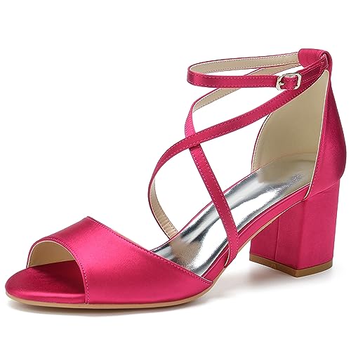 ENWIND Damen Open Toe Chunky Heeled Sandalen Kreuz Knöchelriemen Mid Block Heel Brautkleid Pumps Schuhe Für Büro Prom Hochzeit Party,Fuchsia,41 EU von ENWIND