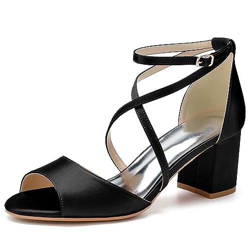 ENWIND Damen Open Toe Chunky Heeled Sandalen Kreuz Knöchelriemen Mid Block Heel Brautkleid Pumps Schuhe Für Büro Prom Hochzeit Party,Schwarz,42 EU von ENWIND