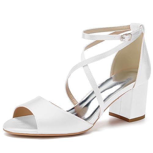 ENWIND Damen Open Toe Chunky Heeled Sandalen Kreuz Knöchelriemen Mid Block Heel Brautkleid Pumps Schuhe Für Büro Prom Hochzeit Party,Weiß,35 EU von ENWIND