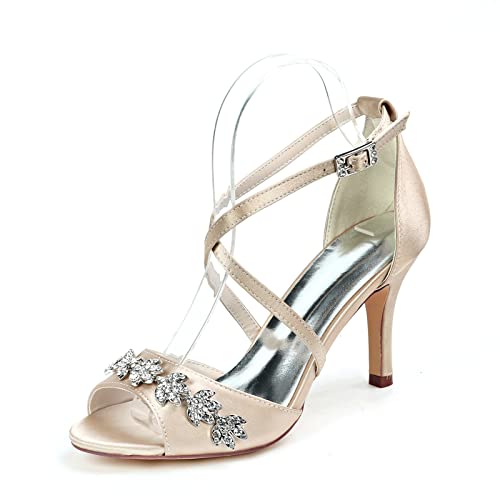 ENWIND Damen Riemchen Sommer Braut Sandalen mit Stöckelabsatz und Strass offener Zehen hohem Absatz Hochzeitsschuhe,Champagne,37 EU von ENWIND