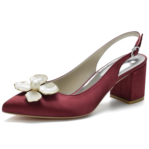 ENWIND Damen Slingback Heel Sandalen Chunky Heel Schuhe mit geschlossener spitzer Zehenpartie und verstellbarer Schnalle,Burgundy,35 EU von ENWIND