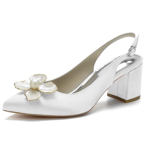 ENWIND Damen Slingback Heel Sandalen Chunky Heel Schuhe mit geschlossener spitzer Zehenpartie und verstellbarer Schnalle,Weiß,37 EU von ENWIND