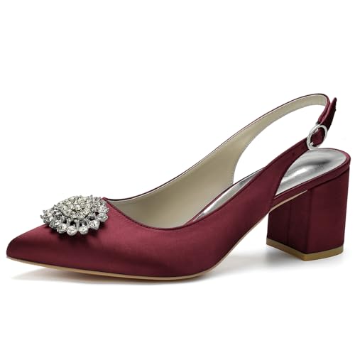 ENWIND Damen Slingback Sandalen geschlossene Spitze Zehen Braut Kleid Gericht Schuhe Blockabsatz Hochzeit Partei Schuhe,Burgundy,35 EU von ENWIND