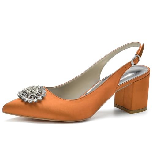 ENWIND Damen Slingback Sandalen geschlossene Spitze Zehen Braut Kleid Gericht Schuhe Blockabsatz Hochzeit Partei Schuhe,Orange,40 EU von ENWIND