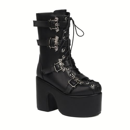 ENWIND Frau PU Leder Gothic Stiefel Winter Ferse Block Stiefel Punks Plattform Party Schuhe,Schwarz,36 EU von ENWIND