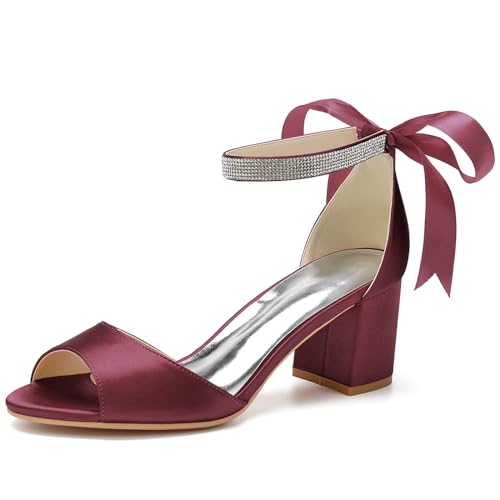 ENWIND Frauen Blockabsatz Brautschuhe Mit Kristall Offene Zehen Riemchen Hochzeits Abend Sandalen,Burgundy,36 EU von ENWIND