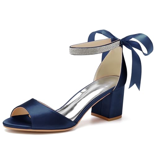 ENWIND Frauen Blockabsatz Brautschuhe Mit Kristall Offene Zehen Riemchen Hochzeits Abend Sandalen,Dark blue,42 EU von ENWIND