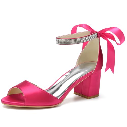 ENWIND Frauen Blockabsatz Brautschuhe Mit Kristall Offene Zehen Riemchen Hochzeits Abend Sandalen,Fuchsia,40 EU von ENWIND