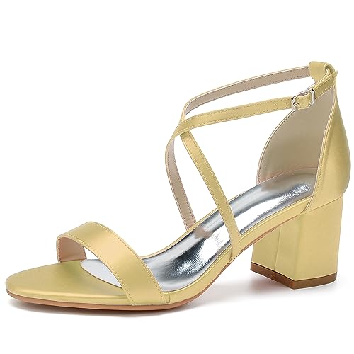 ENWIND Frauen Offene Spitze Hochzeit Sandalen Für Braut Knöchel Schnalle Niedrig Dicke Ferse Party Schuhe,Golden,38 EU von ENWIND