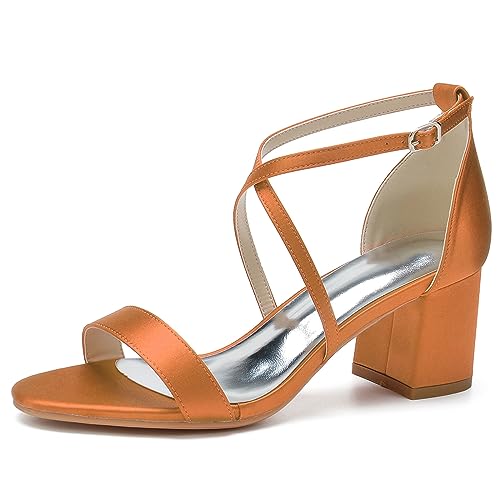 ENWIND Frauen Offene Spitze Hochzeit Sandalen Für Braut Knöchel Schnalle Niedrig Dicke Ferse Party Schuhe,Orange,37 EU von ENWIND