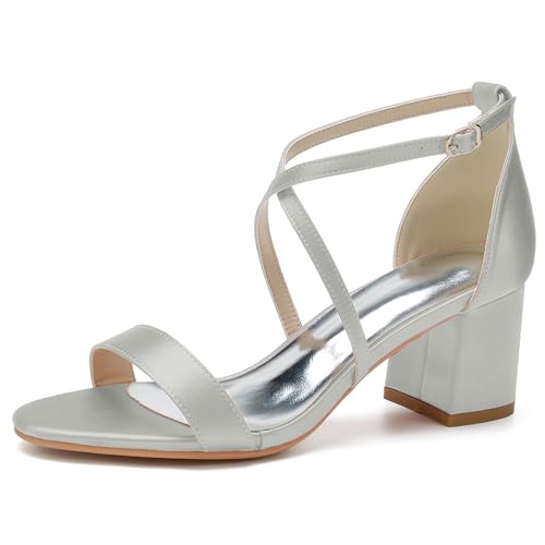 ENWIND Frauen Offene Spitze Hochzeit Sandalen Für Braut Knöchel Schnalle Niedrig Dicke Ferse Party Schuhe,Silber,40 EU von ENWIND