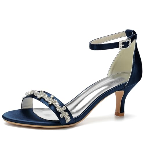 ENWIND Frauen Offene Zehe Sommer Pumps Strass Niedrige Absatz Braut Sandale Knöchel Schnalle Funkelnde Hochzeit Kleid Schuhe,Dark blue,43 EU von ENWIND