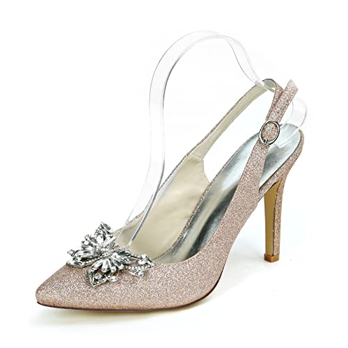 ENWIND High Heels Damen Pumps Spitze Zehen Strass Hochzeits Party Sandalen Schnalle riemen Sommer Abendschuhe,Champagne,38 EU von ENWIND