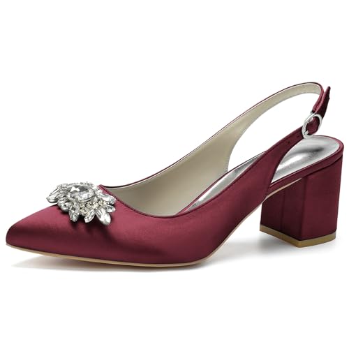 ENWIND Hochzeitsschuhe Damen Zehenspitze Ferse Block Sandalen Abendschuhe mit Strass und Schleife,Burgundy,36 EU von ENWIND