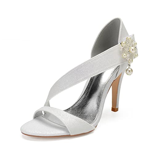 ENWIND Stöckelabsatz Glitter Sandalen Für Frauen Offene Zehen Perle High Heels Hochzeit Abend Kleid Schuhe,Elfenbein,41 EU von ENWIND