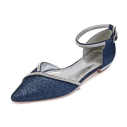 Flache Schuhe Spitz Geschlossen Spitze für Frau Glänzend Niedrig Absatz Hochzeit Schuhe mit Strass,Dark Blue,43 EU von ENWIND