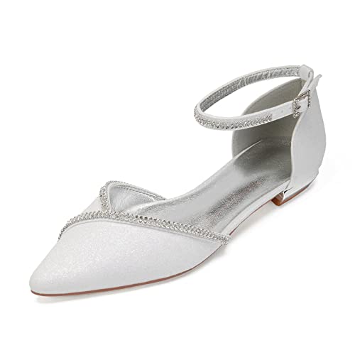 Flache Schuhe Spitz Geschlossen Spitze für Frau Glänzend Niedrig Absatz Hochzeit Schuhe mit Strass,Elfenbein,42 EU von ENWIND