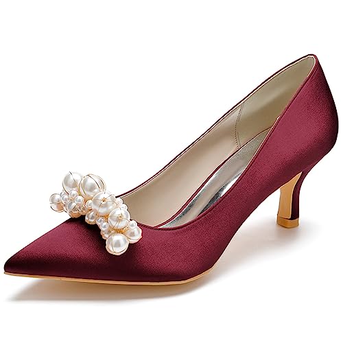 Frauen Kätzchen Absätze Kleid Schuhe Hochzeit Pumps Spitze Zehe Sexy Stöckel Absatz Hofschuhe,Burgundy,35 EU von ENWIND