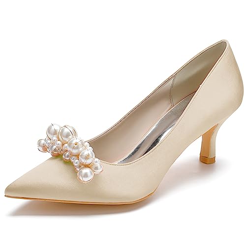 Frauen Kätzchen Absätze Kleid Schuhe Hochzeit Pumps Spitze Zehe Sexy Stöckel Absatz Hofschuhe,Champagne,37 EU von ENWIND