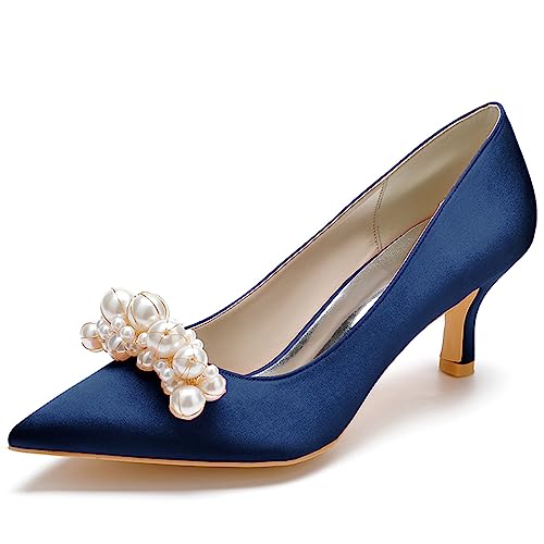 Frauen Kätzchen Absätze Kleid Schuhe Hochzeit Pumps Spitze Zehe Sexy Stöckel Absatz Hofschuhe,Dark Blue,36 EU von ENWIND